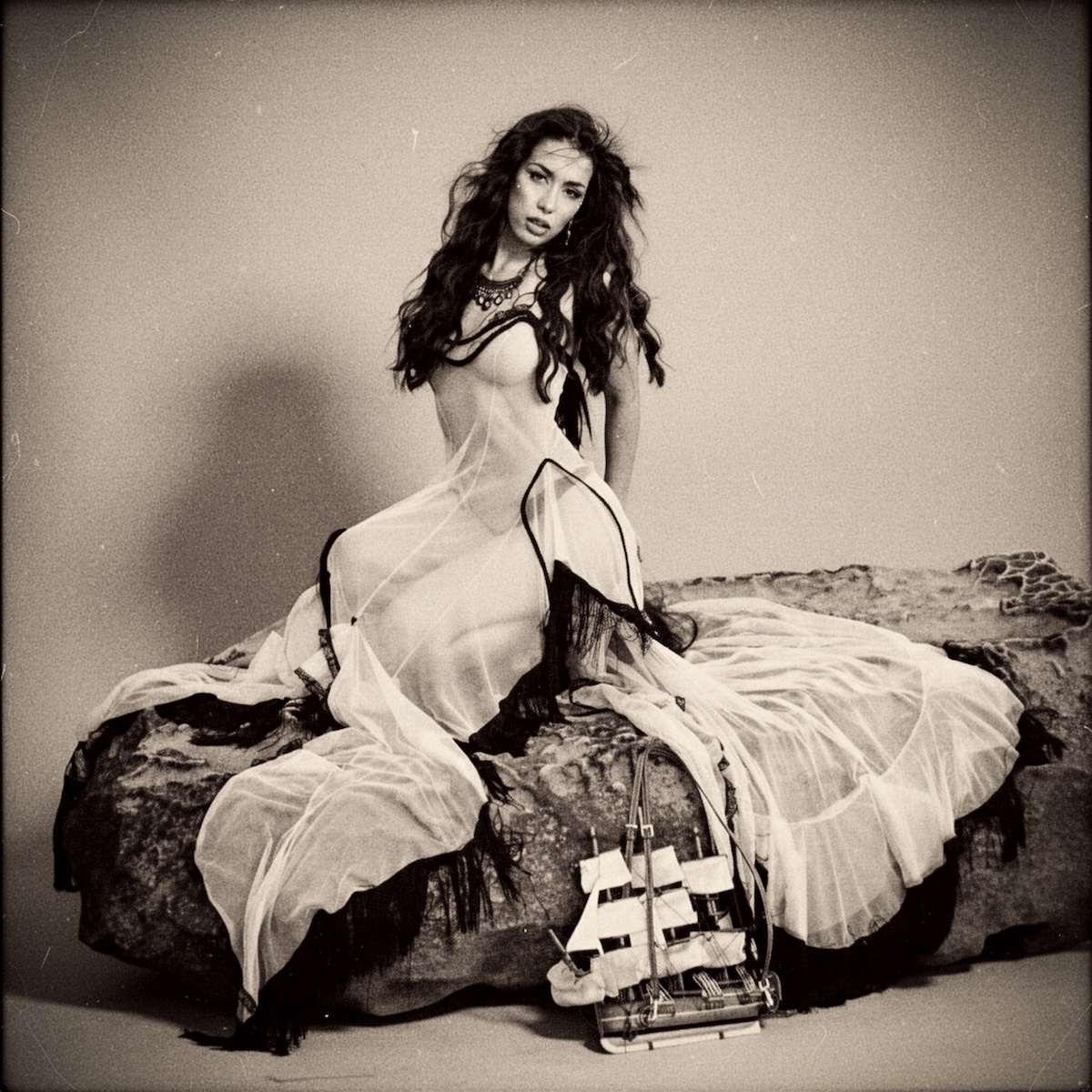 Single cover art for Blood Red Pearl by Liliana de la Rosa, featuring a black-and-white portrait on a rock with a model ship.